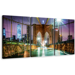 New York Canvas Wall Art, Inside Green Brooklyn Bridge Empty 3 Piece Canvas Set, Purple Sky City Bridge Triptych Canvas Print