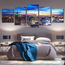 Load image into Gallery viewer, New York Canvas Wall Art Blue Sky Manhattan Downtown Cityscape  5 Piece Canvas Yellow NYC Skyline Aerial View Canvas Print For Bedroom
