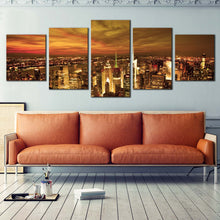 Load image into Gallery viewer, New York City Canvas Print Dramatic Yellow Cloudy Sky  5 Piece Canvas Wall Art Beautiful Brown City Skyline Multi Canvas In Living Room
