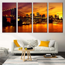 Load image into Gallery viewer, New York City Canvas Wall Art Brooklyn Bridge at Yellow Sunset  4 Piece Canvas Print Black Manhattan Cityscape Multiple Canvas For Living Room
