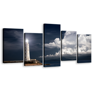 Night Clouds Canvas Wall Art, Grey Ocean Twilight 5 Piece Canvas Print, White Lighthouse Beacon Canvas Set