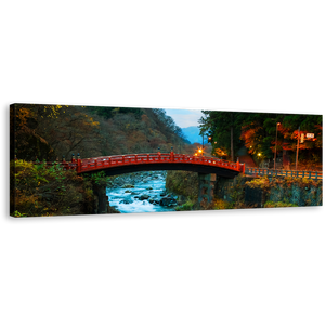 Nikko City Canvas Wall Art, Yellow Mountain Lights Nature Scenery Wide Canvas, Blue Clear Water Forest Panoramic Canvas Print, Japan Red Shinkyo Bridge Canvas Artwork