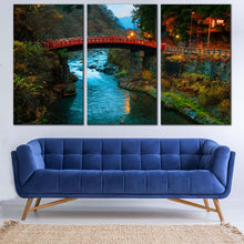 Load image into Gallery viewer, Nikko City Canvas Wall Art Yellow Mountain Lights Nature Scenery Multi Canvas Blue Clear Water Forest  3 Piece Canvas Print Japan Red Shinkyo Bridge Canvas Set For Living room
