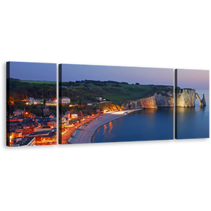 Normandy France Canvas Wall Art, Blue Ocean City Beach Multiple Canvas, Green Etretat Village Cliff Canvas 3 Piece Canvas Print