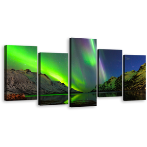 Northern Lights Canvas Wall Art, Dramatic Blue Starry Sky 5 Piece Canvas, Green Ersfjord Norway Aurora Canvas Print
