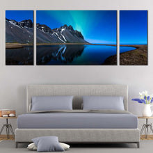Load image into Gallery viewer, Northern Lights Canvas Wall Art Grey Mountain Water Reflection  3 Piece Canvas Print Blue Sky Coast Mountain Lake Multi Canvas In Bedroom
