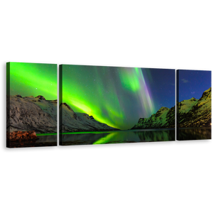 Norway Aurora Canvas Wall Art, Green Ersfjord Polar Lights 3 Piece Canvas Print, Dramatic Blue Starry Sky Triptych Canvas Set