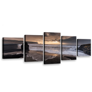 Ocean Beach Canvas Print, Dramatic Yellow Cloudy Sky Canvas Set, Grey Reynisfjara Beach 5 Piece Canvas Wall Art, Beach Black Sand Multi Canvas