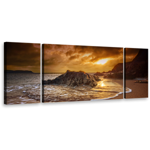 Ocean Beach Canvas Print, South Devon 3 Piece Canvas Wall Art, Brown Leas Foot Sand Beach Multiple Canvas, Yellow Salcombe Sun Beach Rocks Canvas Set