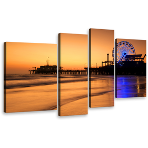 Ocean Beach Canvas Wall Art, Orange Beach Pier Sunset Sky Multi Canvas, Santa Monica City Pier 4 Piece Canvas, Blue Neon lit Ferris Wheel Canvas Print
