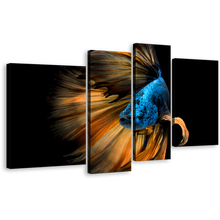 Load image into Gallery viewer, Ocean Deep Canvas Print, Black Background Betta Fish 4 Piece Wall Art, Blue Orange Siamese Fighting Fish Canvas Set
