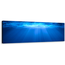 Load image into Gallery viewer, Ocean Deep Wall Art, Blue Ocean Underwater Sunlight Canvas Print, White Sunbeams Through Water Panoramic Canvas Art

