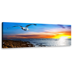 Ocean Grace Canvas Print, Graceful Flight of Blue Sky Bird Canvas Art, Captivating Orange Yellow Sunset 1 Piece Wall Art