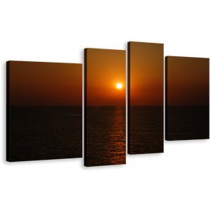 Ocean Sky Canvas Wall Art, Grey Ocean 4 Piece Canvas Print, Orange Sky Mediterranean Sea Multiple Canvas