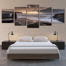 Load image into Gallery viewer, Ocean Beach Canvas Print Dramatic Yellow Cloudy Sky Canvas Set Grey Reynisfjara Beach  5 Piece Canvas Wall Art Beach Black Sand Multi Canvas For Your Bedroom
