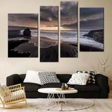 Load image into Gallery viewer, Ocean Beach Canvas Print Dramatic Yellow Cloudy Sky Canvas Set Grey Reynisfjara Beach Living Room 4 Piece Canvas Wall Art Beach Black Sand Multi Canvas In Living Room
