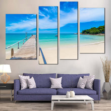 Load image into Gallery viewer, Ocean Beach Canvas Wall Art Blue Sky Thailand Ocean  4 Piece Multiple Canvas White Pier Mountain Beach Canvas Print 
