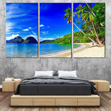 Load image into Gallery viewer, Ocean Beach Canvas Wall Art El Nido Palawan Blue Sky Triptych Multi Canvas Artwork Green Palm Trees Beach Canvas Set Tropical Scenery  3 Piece Canvas For Bedroom
