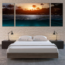 Load image into Gallery viewer, Ocean Beach Canvas Wall Art Grey Sea Waves Canvas Set Yellow Sunset Sky Multiple Canvas Beautiful Scenery Trees  3 Piece Canvas Print For Bedroom
