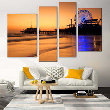 Load image into Gallery viewer, Ocean Beach Canvas Wall Art Orange Beach Pier Sunset Sky Multi Canvas Santa Monica City Pier Living Room 4 Piece Canvas Blue Neon-lit Ferris Wheel Canvas Print For Your Living room
