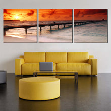 Load image into Gallery viewer, Ocean  Beach  Pier  Sunset  view  3  piece  canvas  print In Living Room
