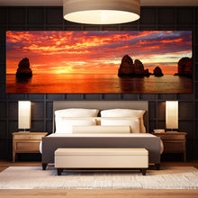 Load image into Gallery viewer, Ocean  Boulders  Canvas  Wall  Art  Dramatic  Orange  Cloudy  Sky  Seascape  Bedroom  1  Piece  Canvas  Artwork  Yellow  Sunset  Ocean  Rocks  Wide  Canvas For Bedroom
