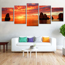 Load image into Gallery viewer, Ocean Boulders Canvas Wall Art Dramatic Orange Cloudy Sky Seascape  5 Piece Canvas Print Yellow Sunset Ocean Rocks Split Canvas For Living Room
