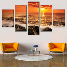 Load image into Gallery viewer, Ocean  Boulders  Canvas  Wall  Art  Orange  Seascape  Waves  Canvas  Set  Yellow  Sunset  Sea  Ocean  Rocks  Living  Room  5  Piece  Canvas  Print For Living room
