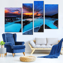 Load image into Gallery viewer, Ocean Mountain Canvas Wall Art Blue Lagoon Iceland  4 Piece Canvas Print Dramatic Yellow Cloudy Sunset Sky Multiple Canvas 
