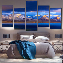Load image into Gallery viewer, Ocean Mountains Canvas Print Yellow Tibet Sunrise Snowy Mountains  5 Piece CanvasWall Art China Blue Nam Lake Multi Canvas Artwork For Bedroom
