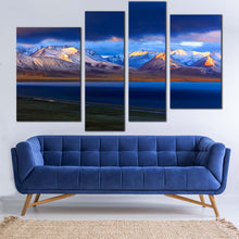 Load image into Gallery viewer, Ocean Mountains Canvas Print Yellow Tibet Sunrise Snowy Mountains  4 Piece Canvas Wall Art China Blue Nam Lake Multi Canvas Artwork 
