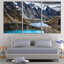 Load image into Gallery viewer, Ocean Mountains Canvas Wall Art Brown Huayhuash Trek Landscape  3 Piece CanvasPrint White Snowy Mountains Triptych Multi Canvas Artwork Three Lagoon Scenery Canvas Set In Bedroom
