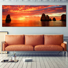 Load image into Gallery viewer, Ocean  Rocks  Canvas  Wall  Art  Yellow  Cliffs  Ocean  Sunset  1  Piece  Wide  Canvas  Dramatic  Orange  Clouds  Sky  Canvas  Artwork In Living Room
