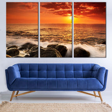Load image into Gallery viewer, Ocean Rocks Canvas Wall Art Yellow Sunset at Sea  3 Piece Canvas Orange Sky Seascape Waves Canvas Print In Living room
