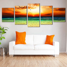 Load image into Gallery viewer, Ocean Sky Canvas Print Orange Cloudy Sunset  5 Piece Canvas Green Seascape Canvas Wall Art For Your Living room
