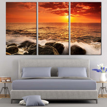 Load image into Gallery viewer, Ocean Sunset Canvas Wall Art Ocean Rock Boulders  3 Piece Canvas Print Yellow Sunset at Sea Canvas Set For Bedroom

