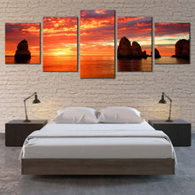 Load image into Gallery viewer, Ocean Sunset Canvas Wall Art Ocean Rocks Boulders  5 Piece Canvas Print Dramatic Orange Blue Cloudy Sky Multi Panel Canvas For Bedroom
