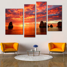Load image into Gallery viewer, Ocean Sunset Canvas Wall Art Ocean Rocks Boulders  4 Piece CanvasPrint Dramatic Orange Blue Cloudy Sky Multi Panel Canvas 
