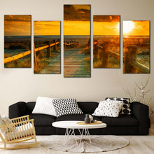 Load image into Gallery viewer, Ocean Sunset Canvas Wall Art Orange Ocean Beach 5 Piece Canvas  Yellow Cloudy Sky Canvas Print In Living Room
