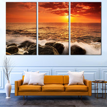 Load image into Gallery viewer, Ocean Waves Canvas Print Orange Seascape Ocean Rocks  3 Piece Canvas Wall Art Yellow Sunset at Sea Multi Canvas Artwork For Living Room
