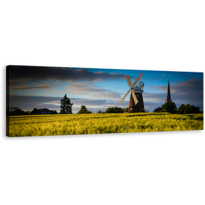 Old Windmill Canvas Print, Cloudy Blue Sky Panoramic Canvas Art, Green Field Windmill Scenery Wall Art