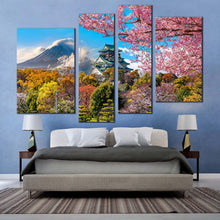 Load image into Gallery viewer, Osaka Castle Canvas Print Colorful Fuji Mountain Scenery 4 Piece Canvas Wall Art Japan Cherry Blossom Trees Castle Multi Canvas Artwork for your bedroom
