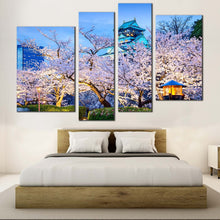 Load image into Gallery viewer, Osaka Castle Canvas Wall Art Beautiful Purple Autumn Trees Canvas Print Japan Blue Sky Castle  4 Piece Canvas Artwork 
