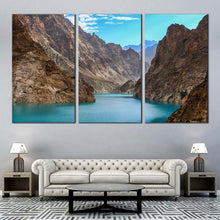 Load image into Gallery viewer, Pakistan Mountains Canvas Wall Art Blue Attabad Lake  3 Piece Canvas Print Brown Ocean Mountains Triptych Canvas Set For Living Room
