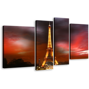 Paris City Canvas Wall Art, Dramatic Red Cloudy Night Cityscape Canvas Print, Eiffel Tower Yellow City Lights 4 Piece Multi Panel Canvas