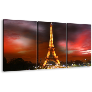 Paris Cityscape Canvas Wall Art, Eiffel Tower Yellow City Lights Triptych Canvas Set, France Grey Red Cloudy Sky 3 Piece Canvas Print