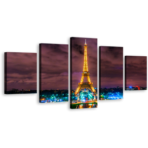 Paris France Canvas Wall Art, Dramatic Purple Clouds Paris Cityscape Canvas Print, Yellow Eiffel Tower 5 Piece Multi Panel Canvas