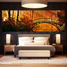 Load image into Gallery viewer, Park  River  Canvas  Wall  Art  Green  Autumn  Forest  Bridge  1  Piece  Wide  Canvas  Beautiful  Orange  Yellow  Forest  Canvas  Print For Bedroom
