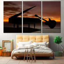 Load image into Gallery viewer, Piano Music Canvas Wall Art Orange Cloudy Sky Grand Piano Canvas Print Black Guitar Musical Instrument  3 Piece Canvas Set For Bedroom
