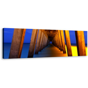 Pier Pillars Canvas Wall Art, Yellow Pier Ocean Canvas Artwork, Blue Orange Under Pier 1 Piece Canvas Print